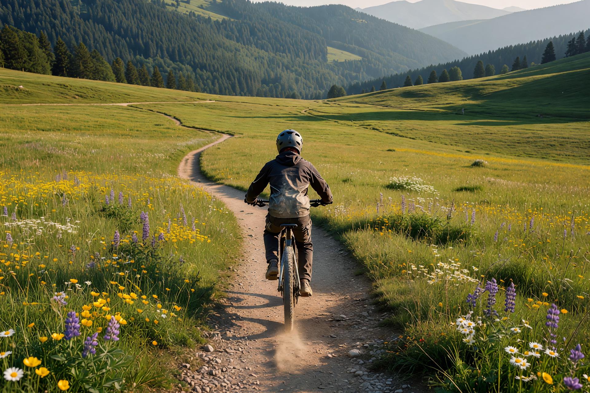 Mountainbiker auf einem Wiesenweg in den Bergen