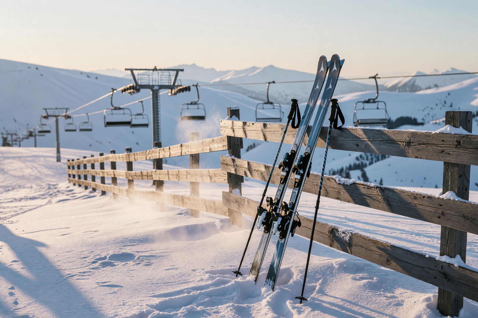 Ski am Holzzaun neben einem Sessellift