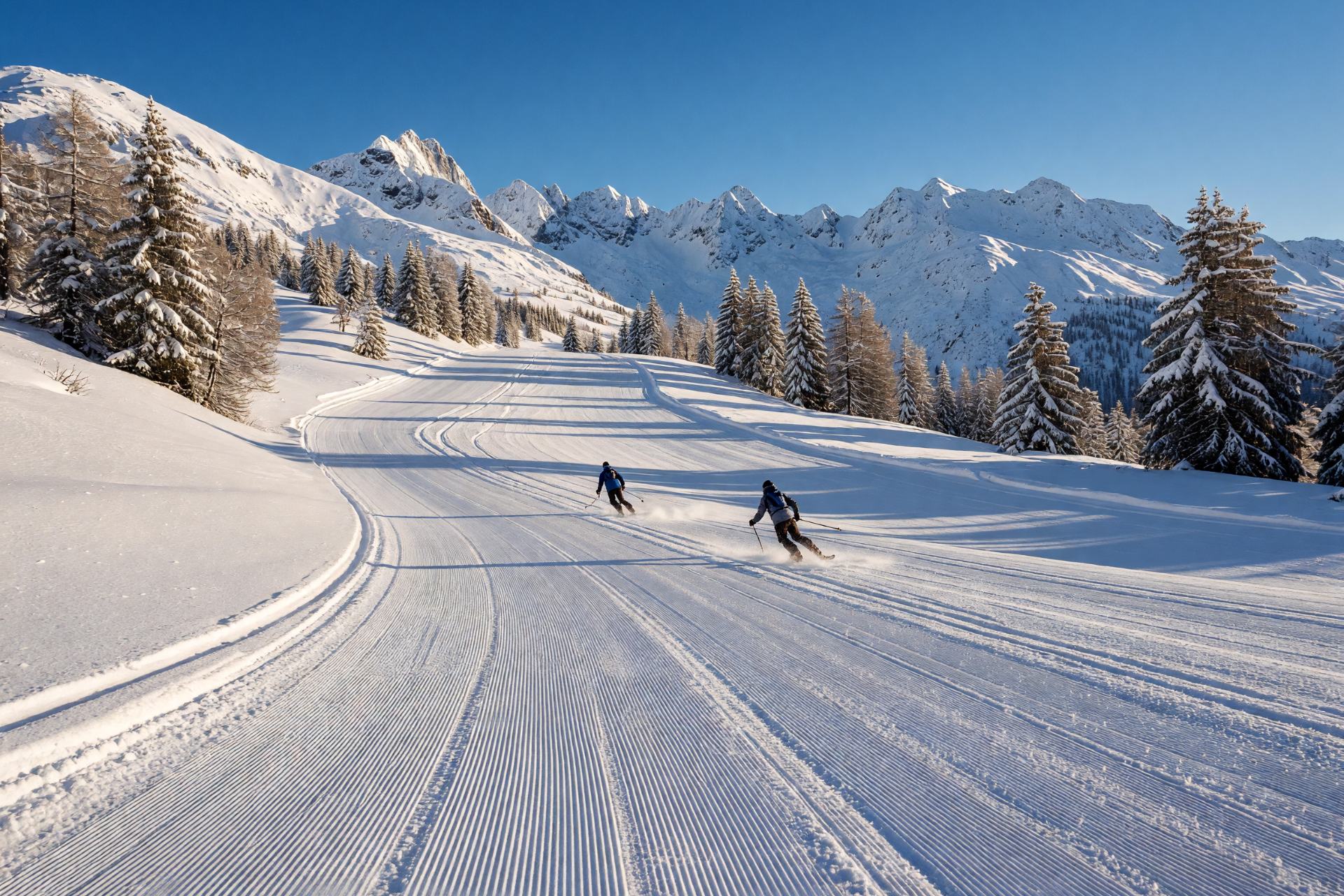 Skifahrer auf einer präparierten Piste