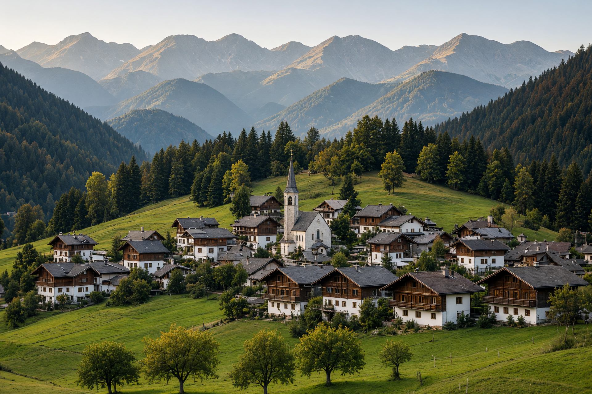 Dorf am Hang mit Bergpanorama