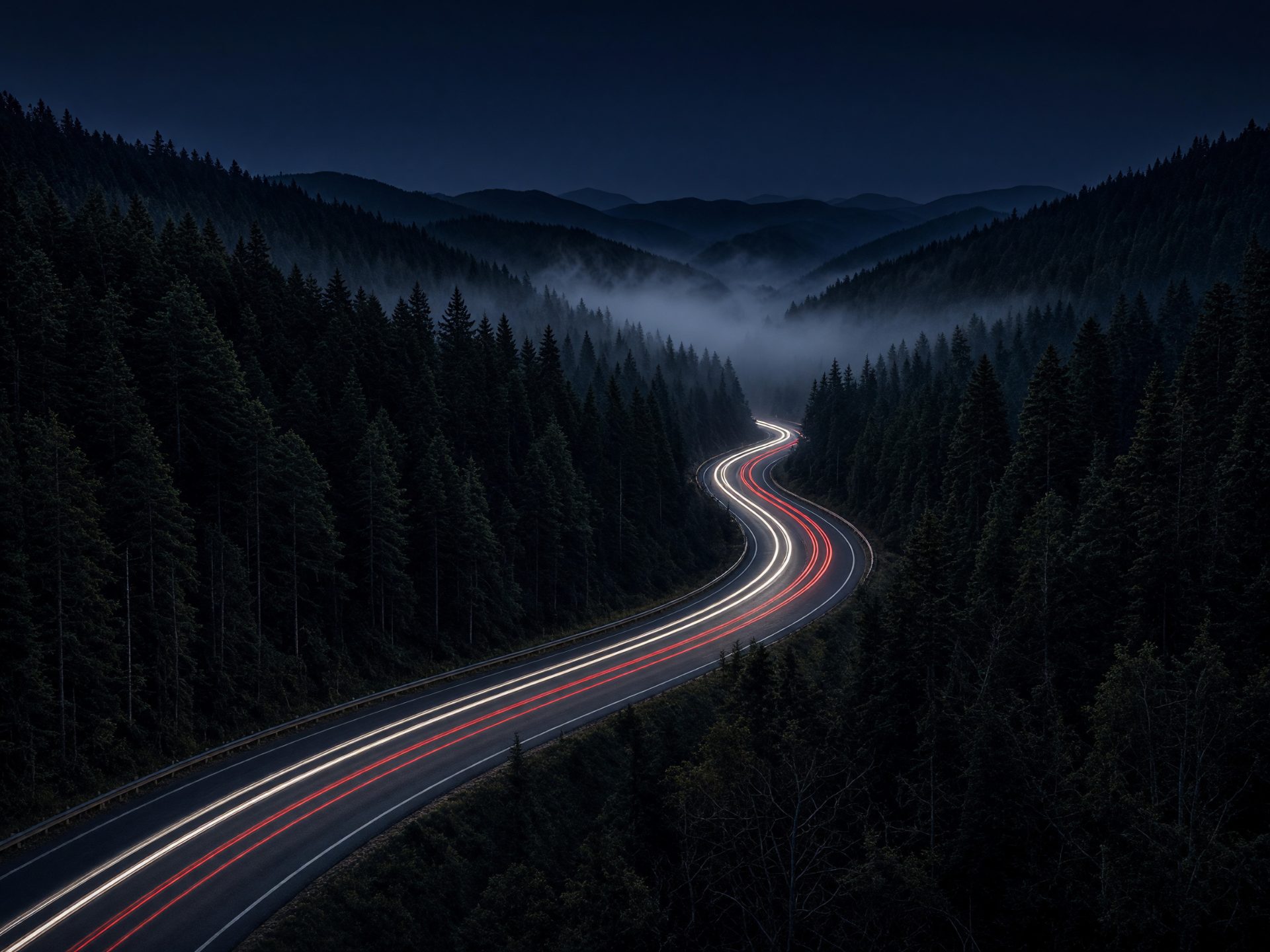 Straße durch ein Tal bei Nacht